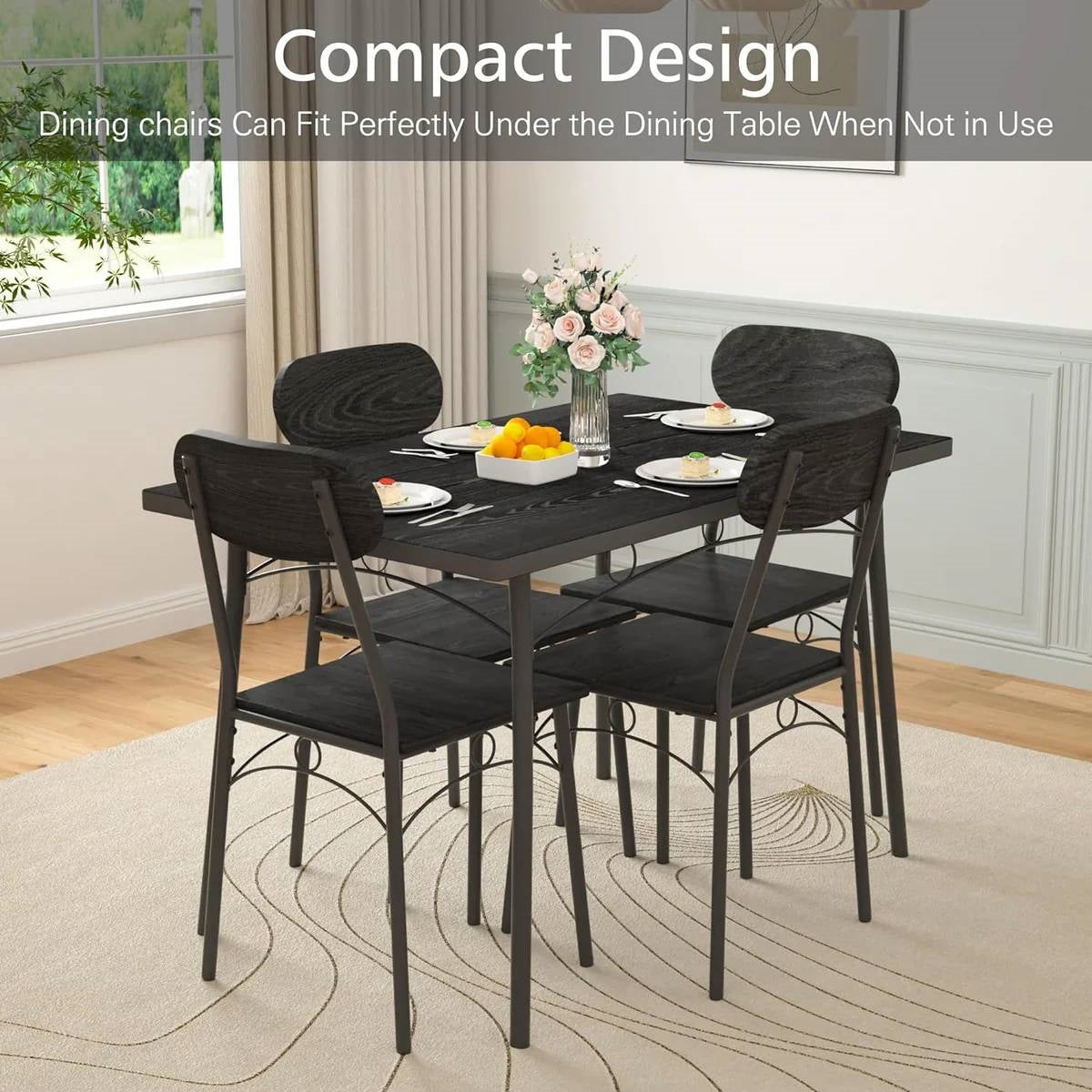 Juego de comedor moderno de 5 piezas con mesa de madera negra y 4 sillas