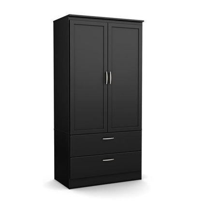 Armario moderno de dos puertas con dos cajones y barra para colgar, color negro