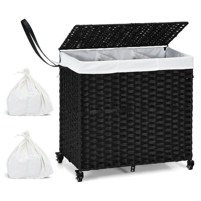 Cesto de ropa sucia de ratán negro de 3 compartimentos con forro de lino y ruedas PR