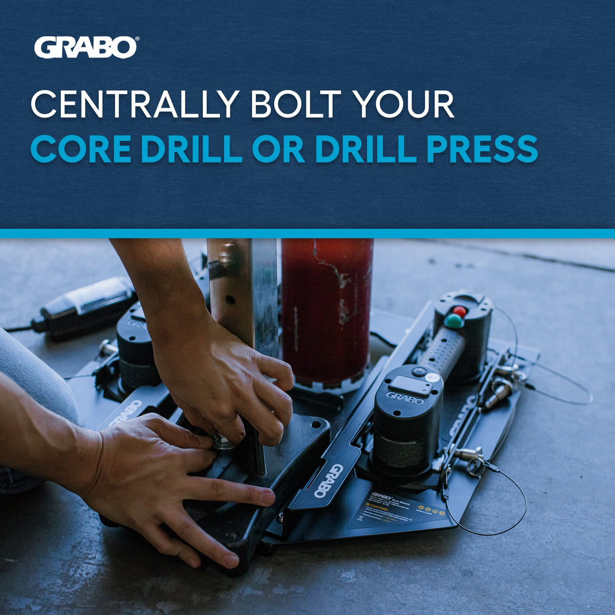 GRABO Bore Mount Core Drill Holder, Two-Cup suction grip, GRIP TECH TOOLS, hands on base on Tampa Home & Garden Store