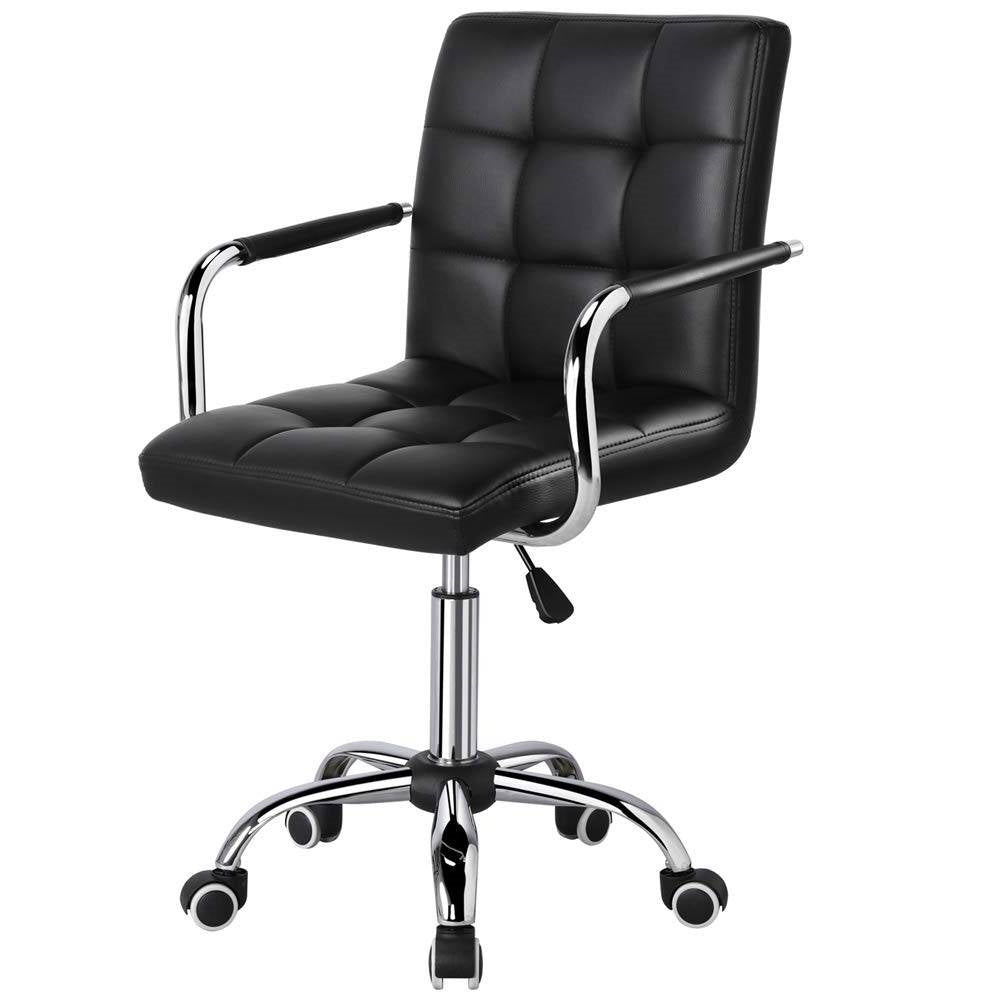 Silla de oficina moderna de respaldo medio en piel sintética negra con reposabrazos extraíbles
