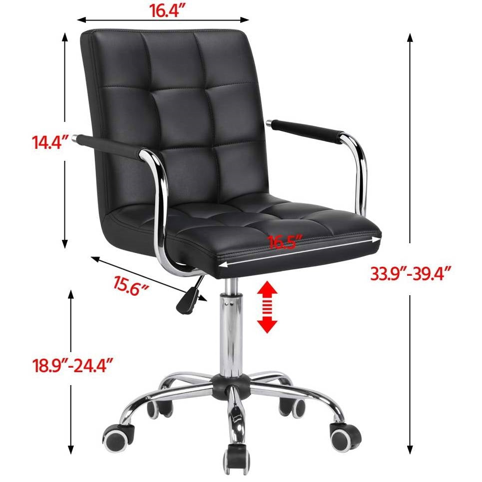 Silla de oficina moderna de respaldo medio en piel sintética negra con reposabrazos extraíbles