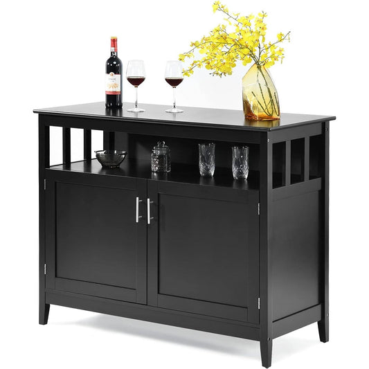 Aparador bufé de comedor de madera negra de 2 puertas con estante de almacenamiento abierto