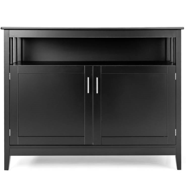 Aparador bufé de comedor de madera negra de 2 puertas con estante de almacenamiento abierto