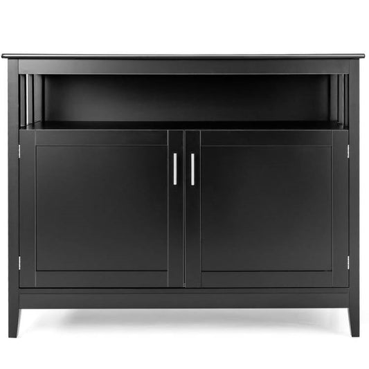 Aparador bufé de comedor de madera negra de 2 puertas con estante de almacenamiento abierto