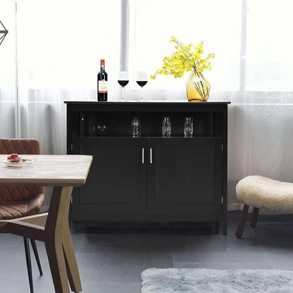 Aparador bufé de comedor de madera negra de 2 puertas con estante de almacenamiento abierto
