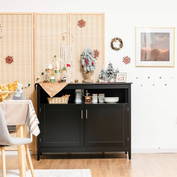 Aparador bufé de comedor de madera negra de 2 puertas con estante de almacenamiento abierto