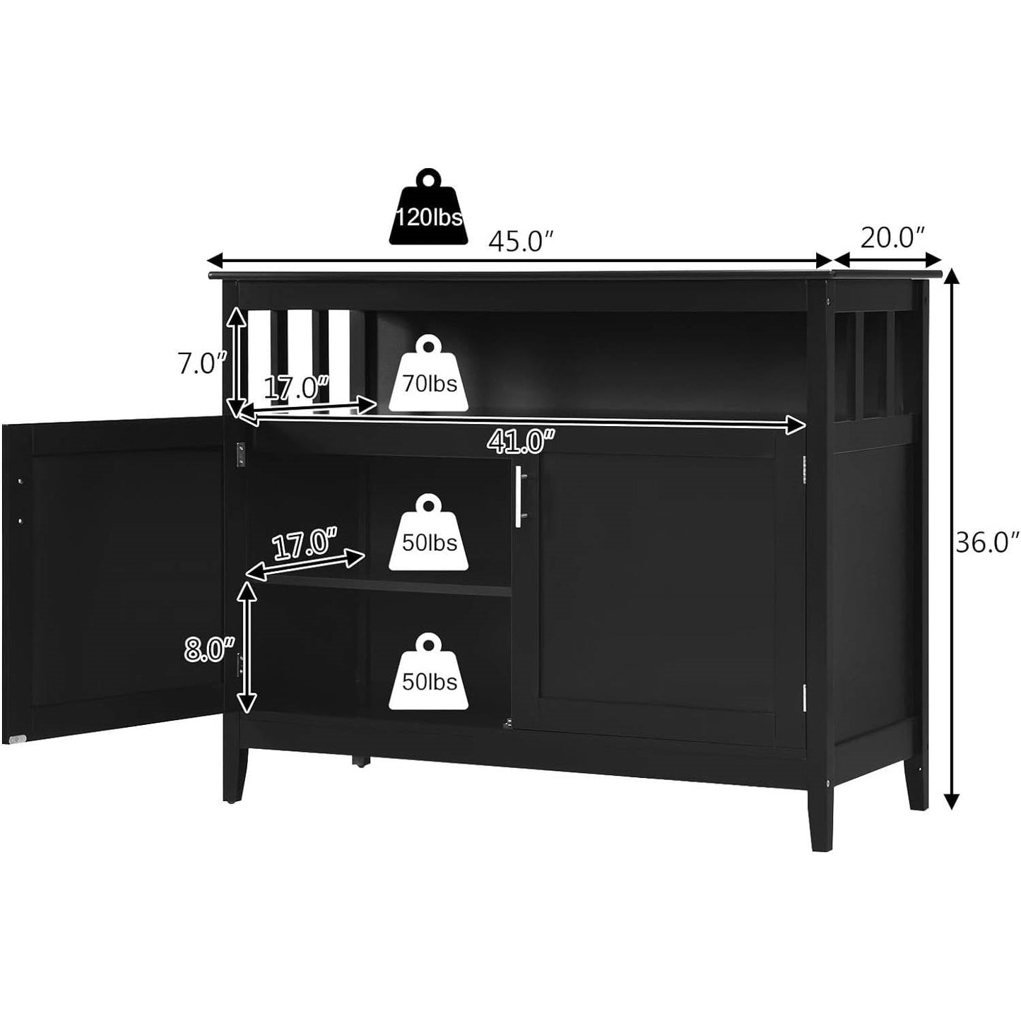 Aparador bufé de comedor de madera negra de 2 puertas con estante de almacenamiento abierto