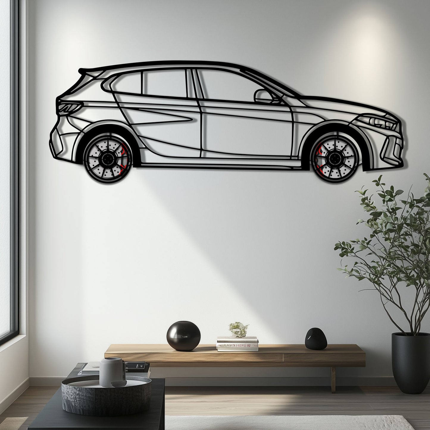 BMW 135i F40 Metal Car Wall Art with Rotating Wheels - M Performance Hatchback Silhouette - Interactive Automotive Decor - KAFMEKA102 - Tampa Home & Garden Store