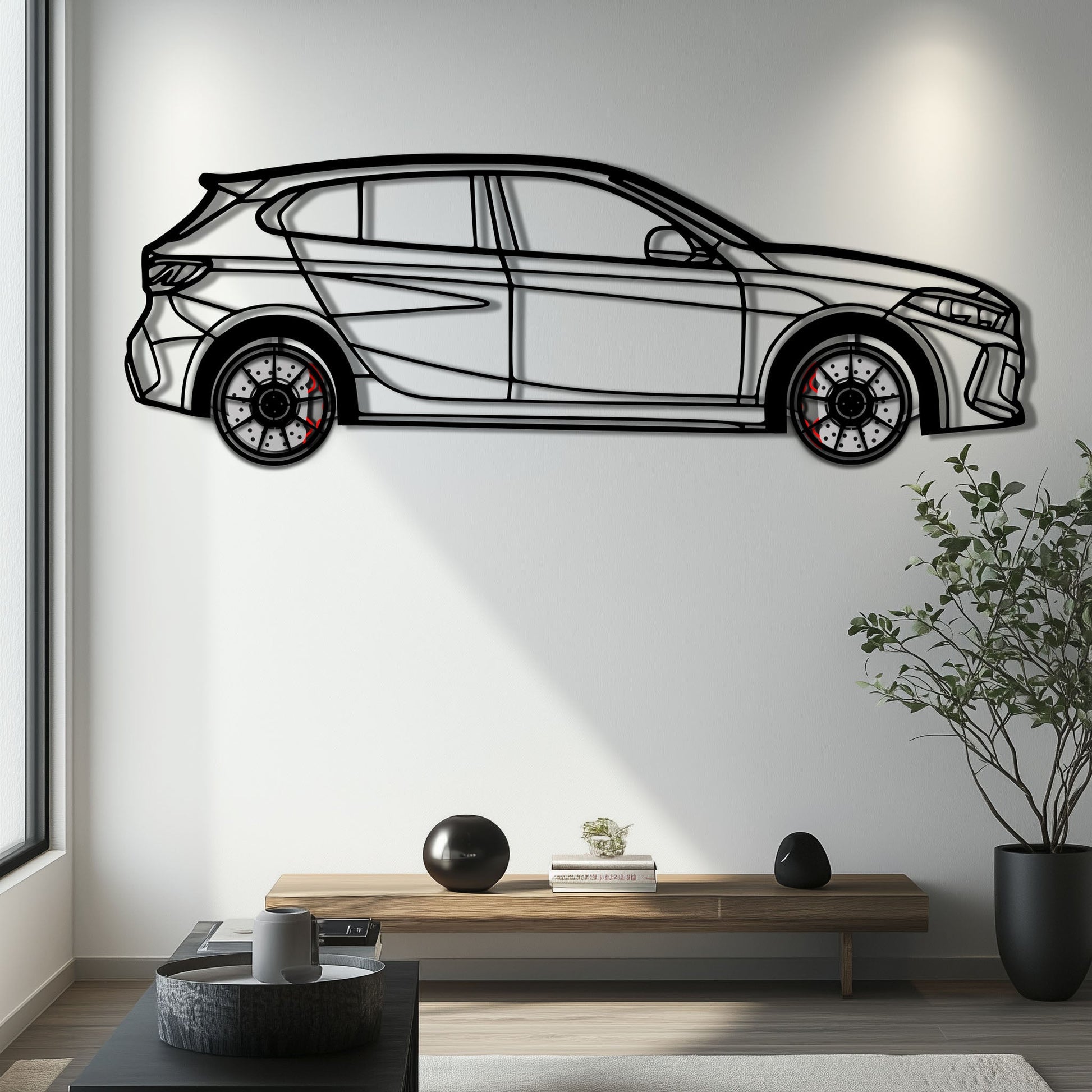BMW 135i F40 Metal Car Wall Art with Rotating Wheels - M Performance Hatchback Silhouette - Interactive Automotive Decor - KAFMEKA102 - Tampa Home & Garden Store