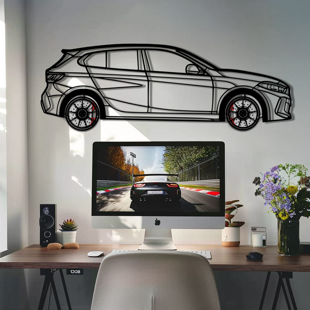 BMW 135i F40 Metal Car Wall Art with Rotating Wheels - M Performance Hatchback Silhouette - Interactive Automotive Decor - KAFMEKA102 - Tampa Home & Garden Store