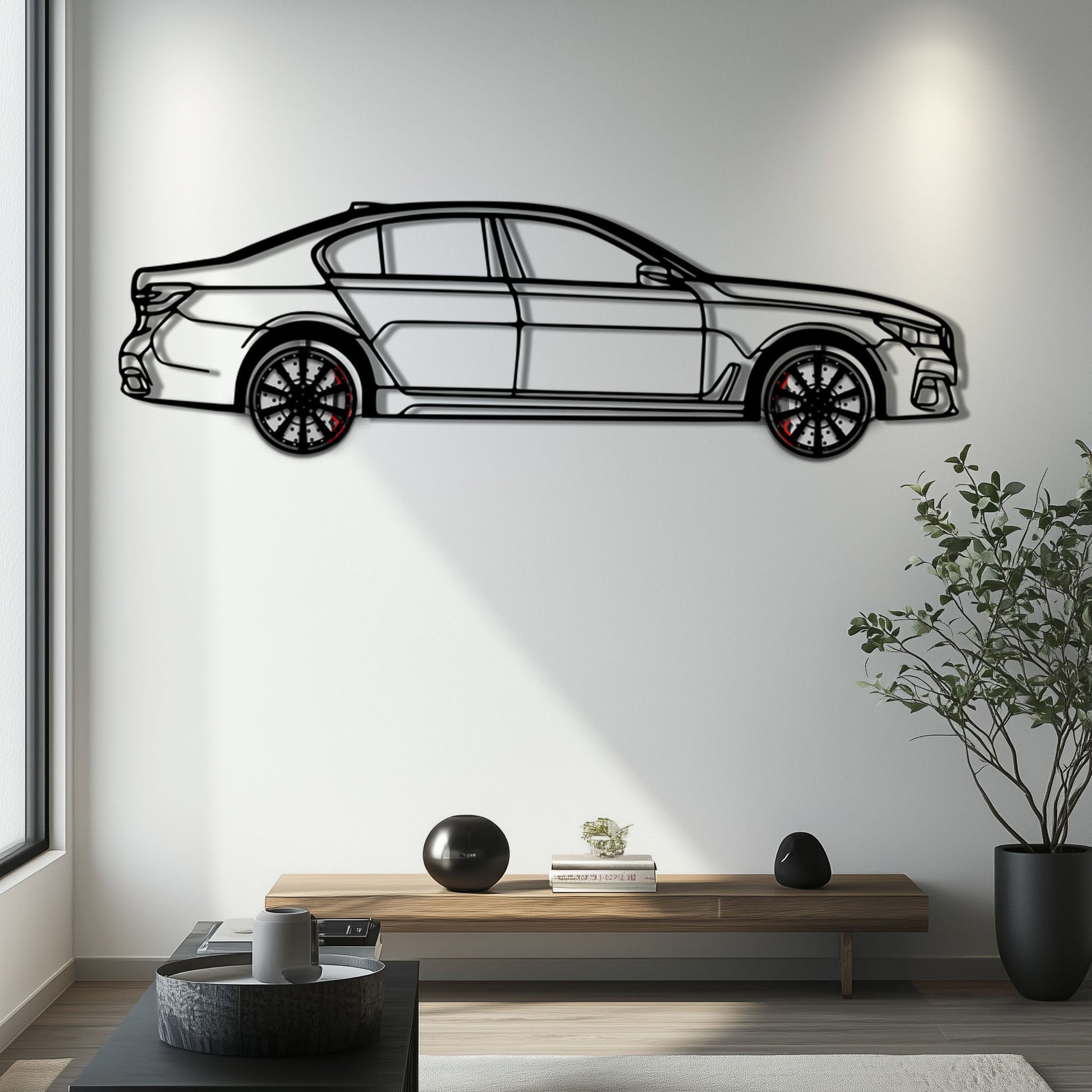BMW 750i Metal Car Wall Art with Rotating Wheels - Luxury Executive Sedan Silhouette - Interactive Automotive Wall Decor - KAFMEKA104 - Tampa Home & Garden Store