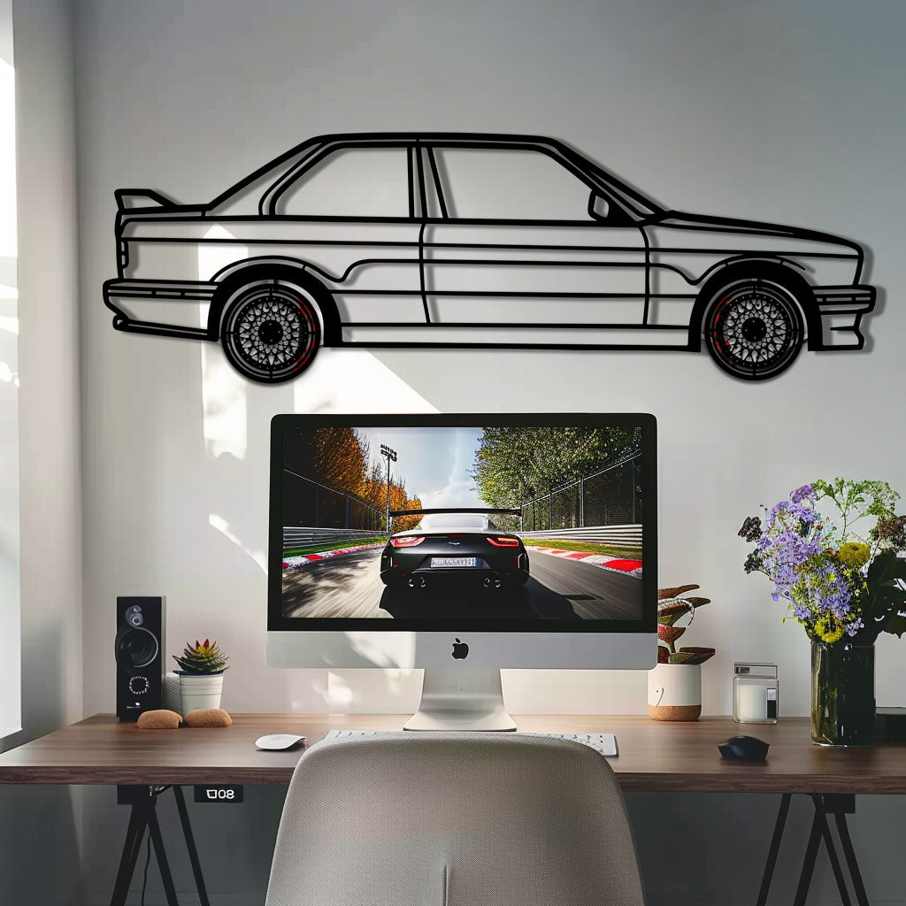 BMW E30 M3 Metal Car Wall Art with Rotating Wheels - Classic M Power Silhouette Decor - Interactive Automotive Wall Art - KAFMEKA100 - Tampa Home & Garden Store