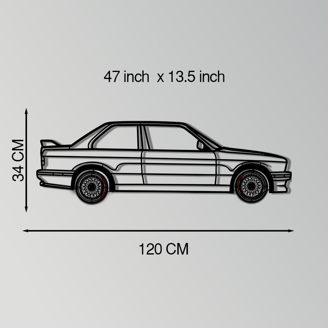 BMW E30 M3 Metal Car Wall Art with Rotating Wheels - Classic M Power Silhouette Decor - Interactive Automotive Wall Art - KAFMEKA100 - Tampa Home & Garden Store