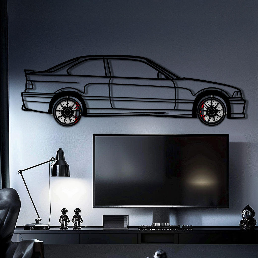 BMW E36 M3 Metal Car Wall Art with Rotating Wheels - 90s Performance Legend Silhouette - Interactive Automotive Wall Decor - KAFMEKA101 - Tampa Home & Garden Store