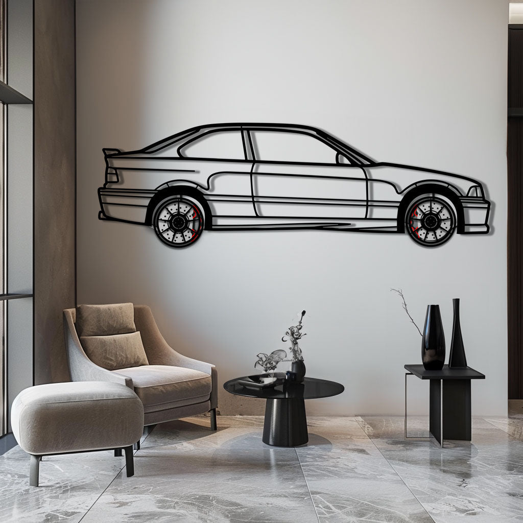 BMW E36 M3 Metal Car Wall Art with Rotating Wheels - 90s Performance Legend Silhouette - Interactive Automotive Wall Decor - KAFMEKA101 - Tampa Home & Garden Store