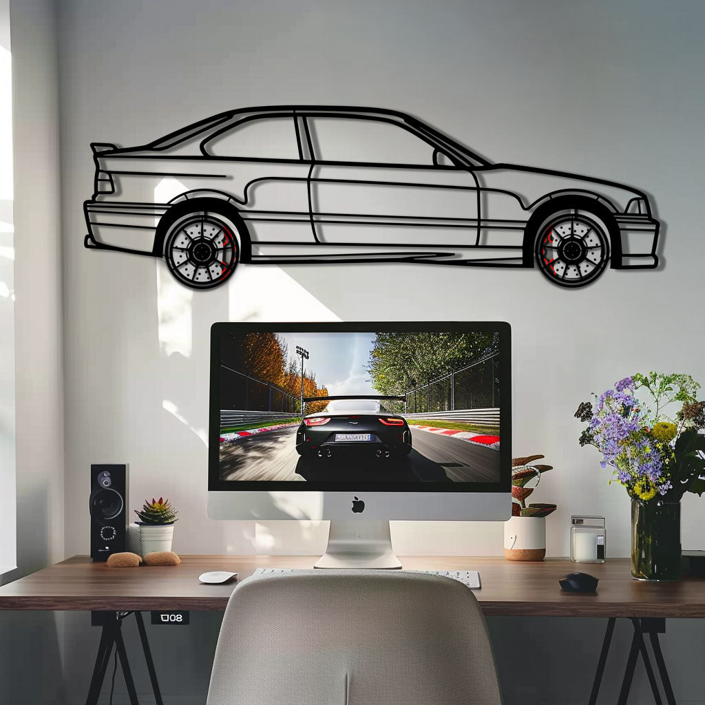 BMW E36 M3 Metal Car Wall Art with Rotating Wheels - 90s Performance Legend Silhouette - Interactive Automotive Wall Decor - KAFMEKA101 - Tampa Home & Garden Store