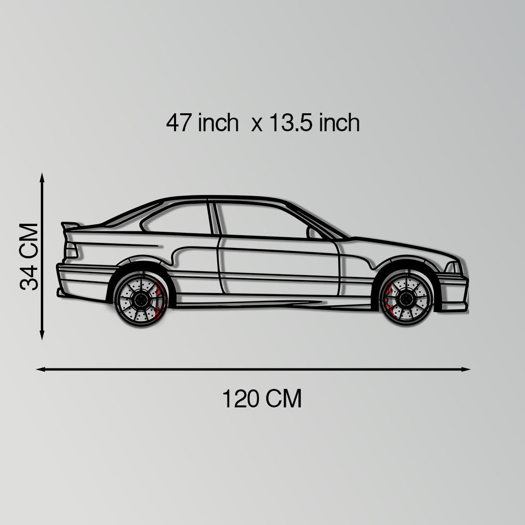 BMW E36 M3 Metal Car Wall Art with Rotating Wheels - 90s Performance Legend Silhouette - Interactive Automotive Wall Decor - KAFMEKA101 - Tampa Home & Garden Store
