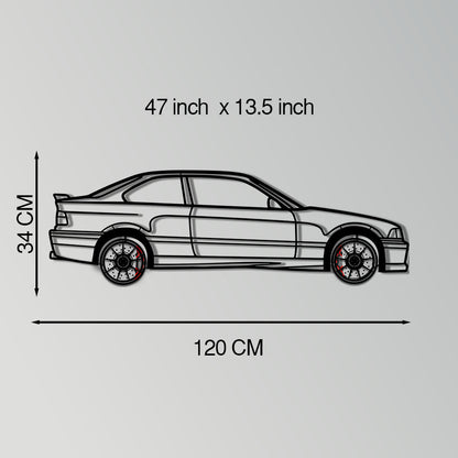 BMW E36 M3 Metal Car Wall Art with Rotating Wheels - 90s Performance Legend Silhouette - Interactive Automotive Wall Decor - KAFMEKA101 - Tampa Home & Garden Store