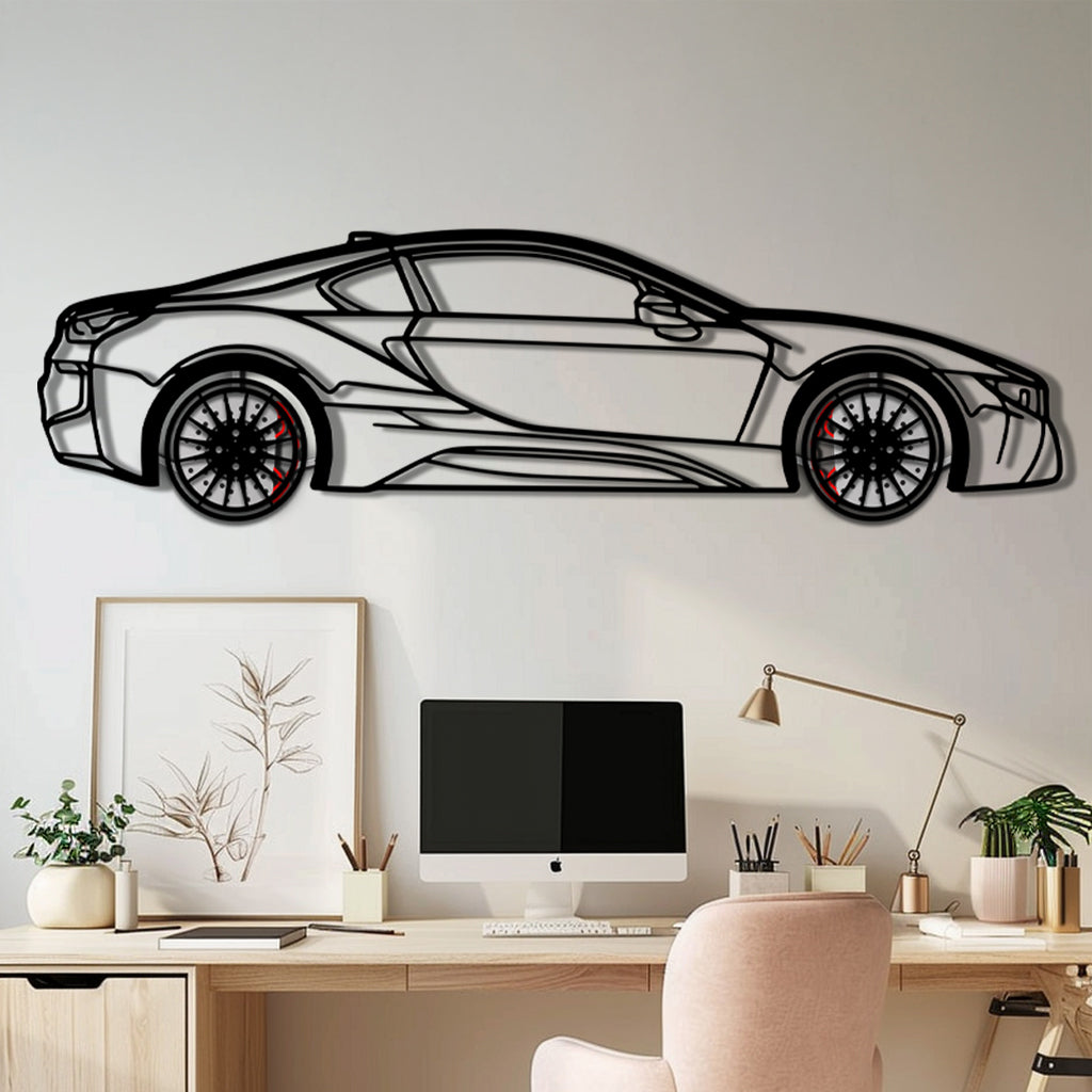 BMW i8 Metal Car Wall Art with Rotating Wheels - Futuristic Hybrid Supercar Silhouette - Interactive Automotive Decor - KAFMEKA106 - Tampa Home & Garden Store