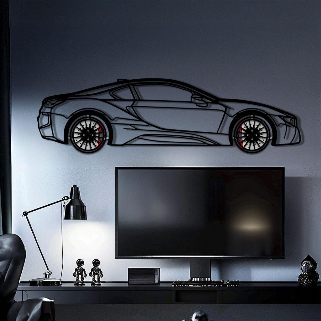 BMW i8 Metal Car Wall Art with Rotating Wheels - Futuristic Hybrid Supercar Silhouette - Interactive Automotive Decor - KAFMEKA106 - Tampa Home & Garden Store