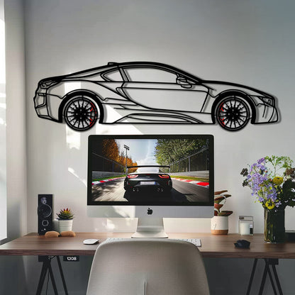 BMW i8 Metal Car Wall Art with Rotating Wheels - Futuristic Hybrid Supercar Silhouette - Interactive Automotive Decor - KAFMEKA106 - Tampa Home & Garden Store