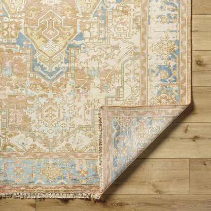 Bangonay Area Rug - Clearance in soft peach ivory blue with fringe border on Tampa Home & Garden Store