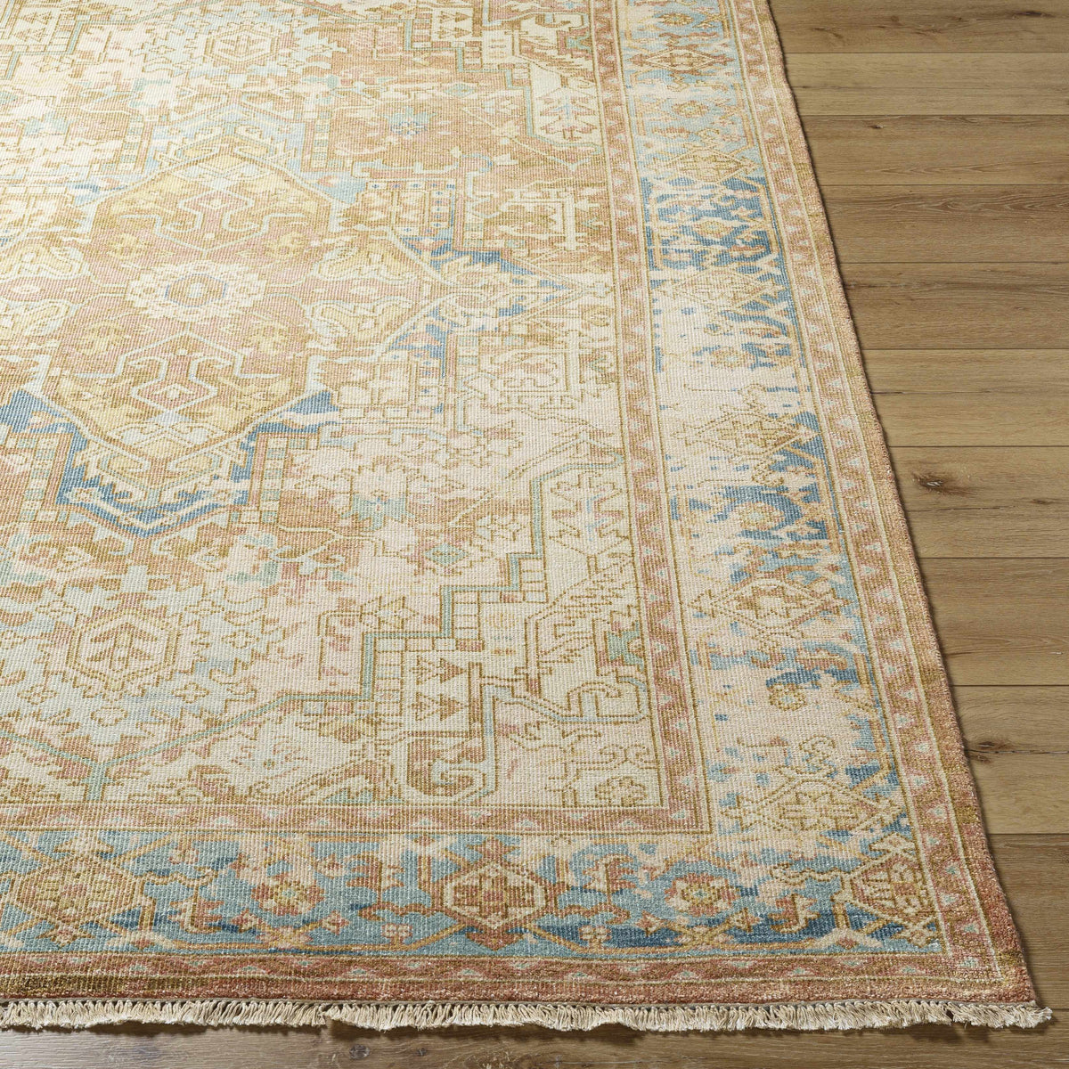Bangonay Area Rug by Boutique Rugs in beige, pink, and blue with fringe on wood floor clearance on Tampa Home & Garden Store