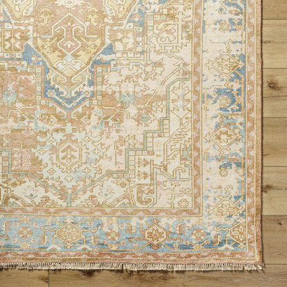 Bangonay Area Rug pink beige blue with an intricate oriental motif and fringed border on Tampa Home & Garden Store