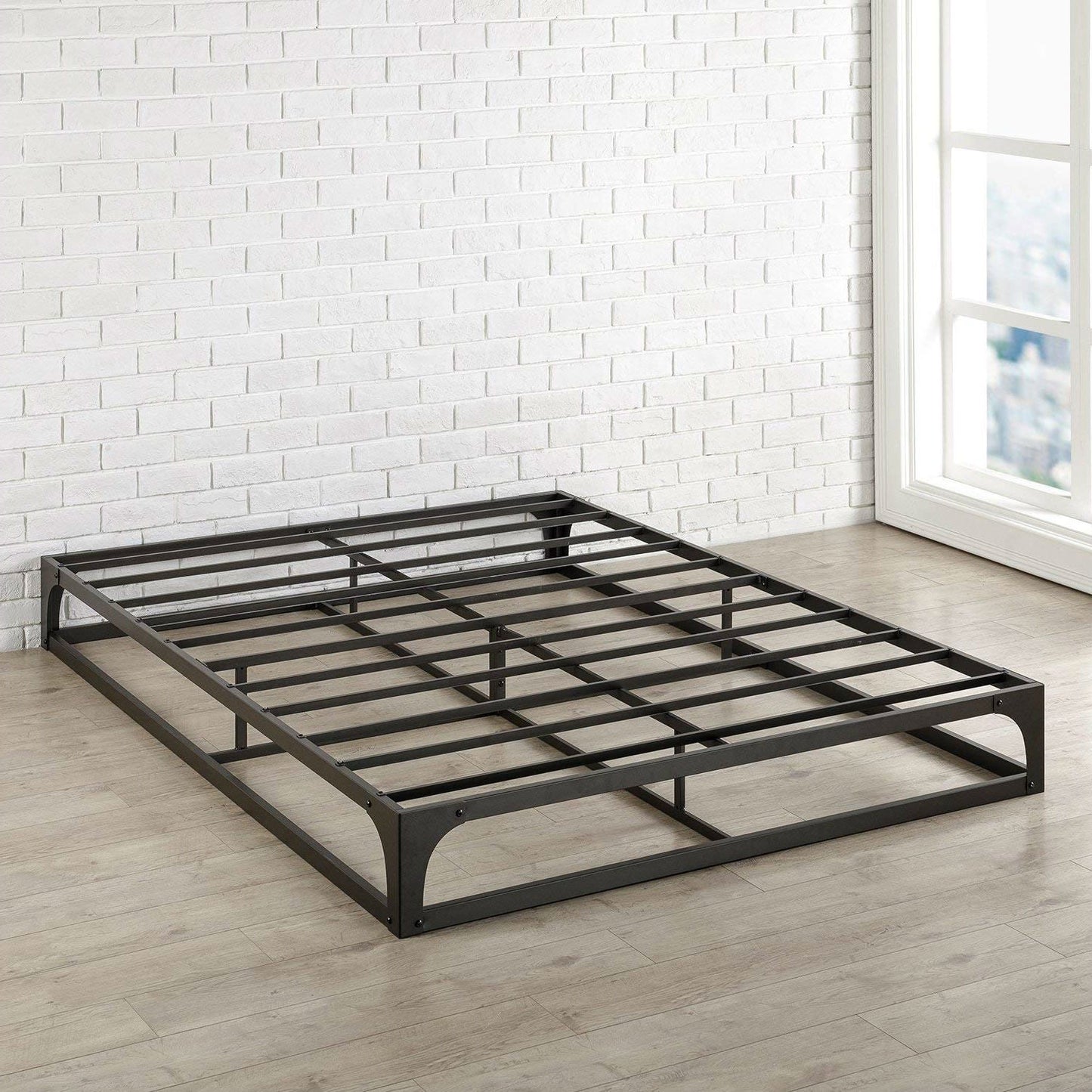 Base de cama de plataforma de metal resistente de perfil bajo moderna de tamaño completo