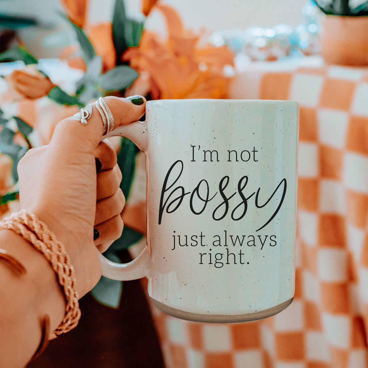 Coffee mug Gia Roma Bossy 16oz speckled blue with black script I'm not bossy just always right on Tampa Home & Garden Store