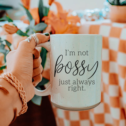 Coffee mug Gia Roma Bossy 16oz speckled blue with black script I'm not bossy just always right on Tampa Home & Garden Store