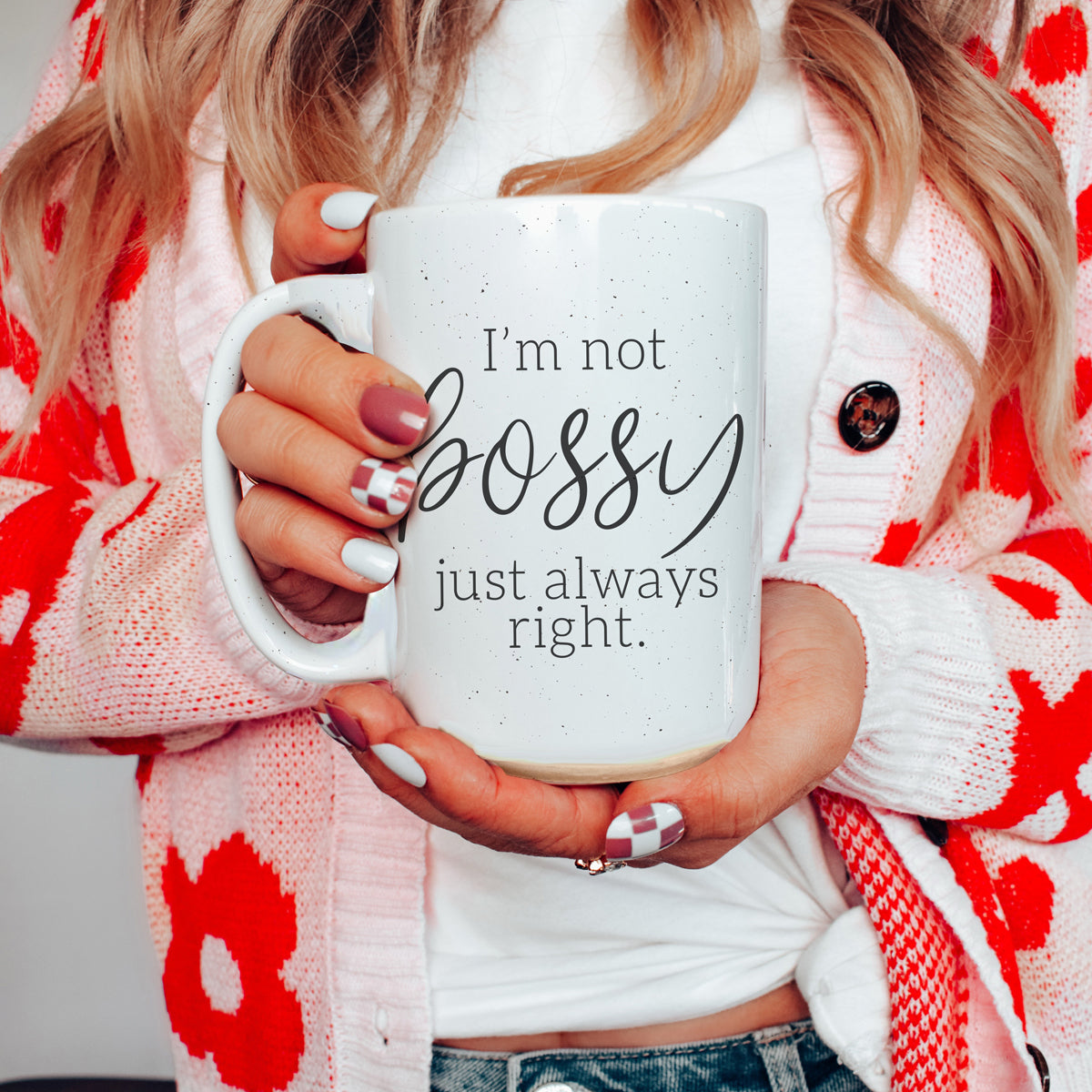 Gia Roma Bossy 16oz ceramic coffee mug white speckled with I'm not bossy just always right on Tampa Home & Garden Store
