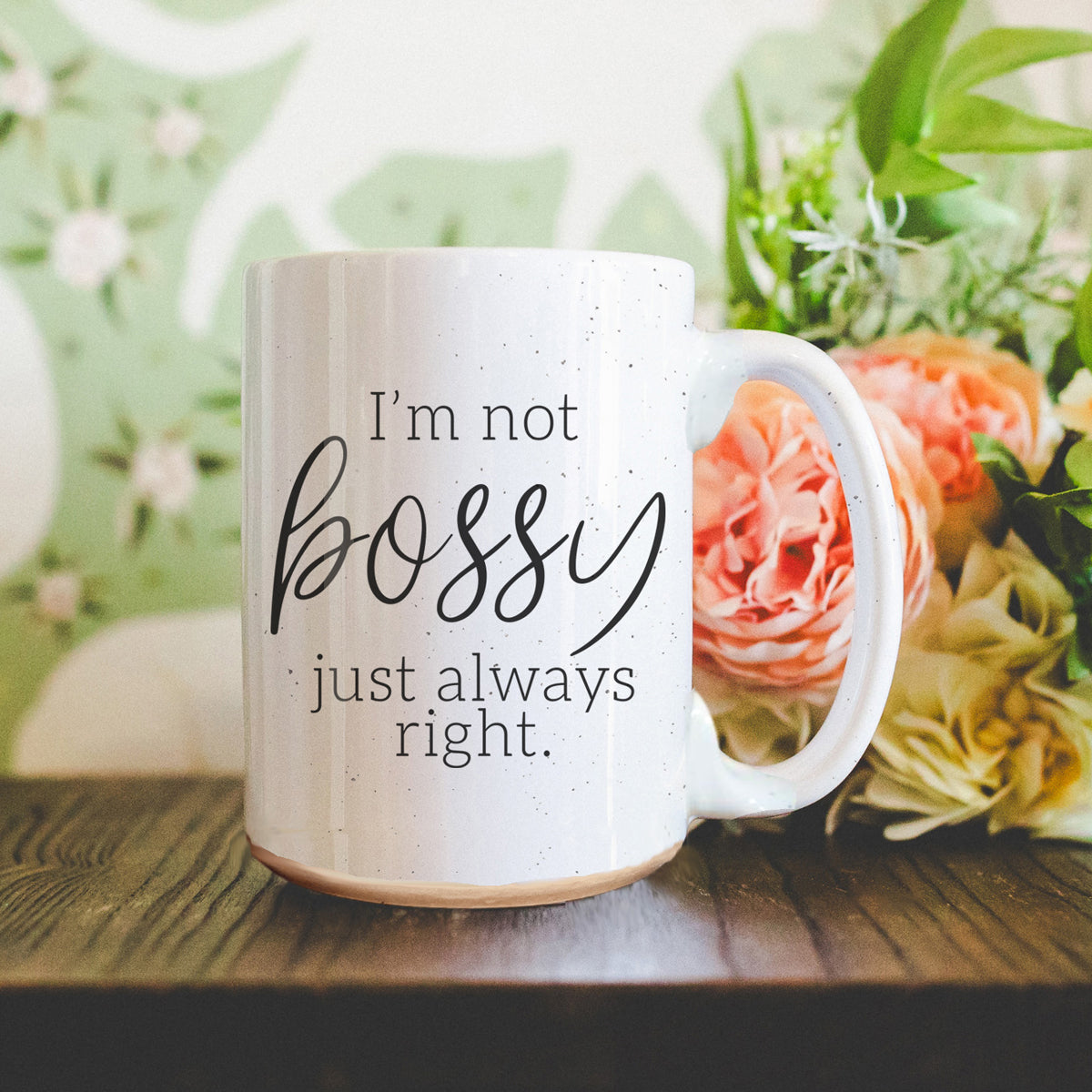 Bossy 16oz coffee mug by Gia Roma, white speckled ceramic with beige base on Tampa Home & Garden Store