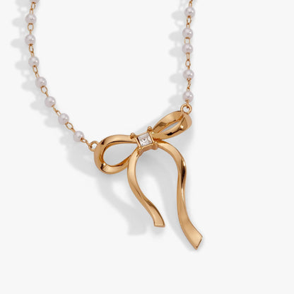 Bow Pearl Coquette Necklace with Gold Plated Bow