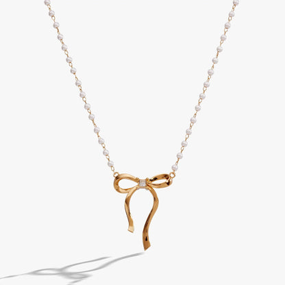 Bow Pearl Coquette Necklace with Gold Plated Bow