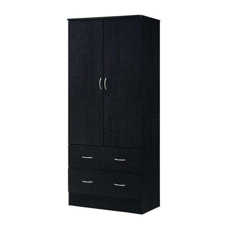 Armario ropero negro de 2 puertas con 2 cajones y barra para colgar