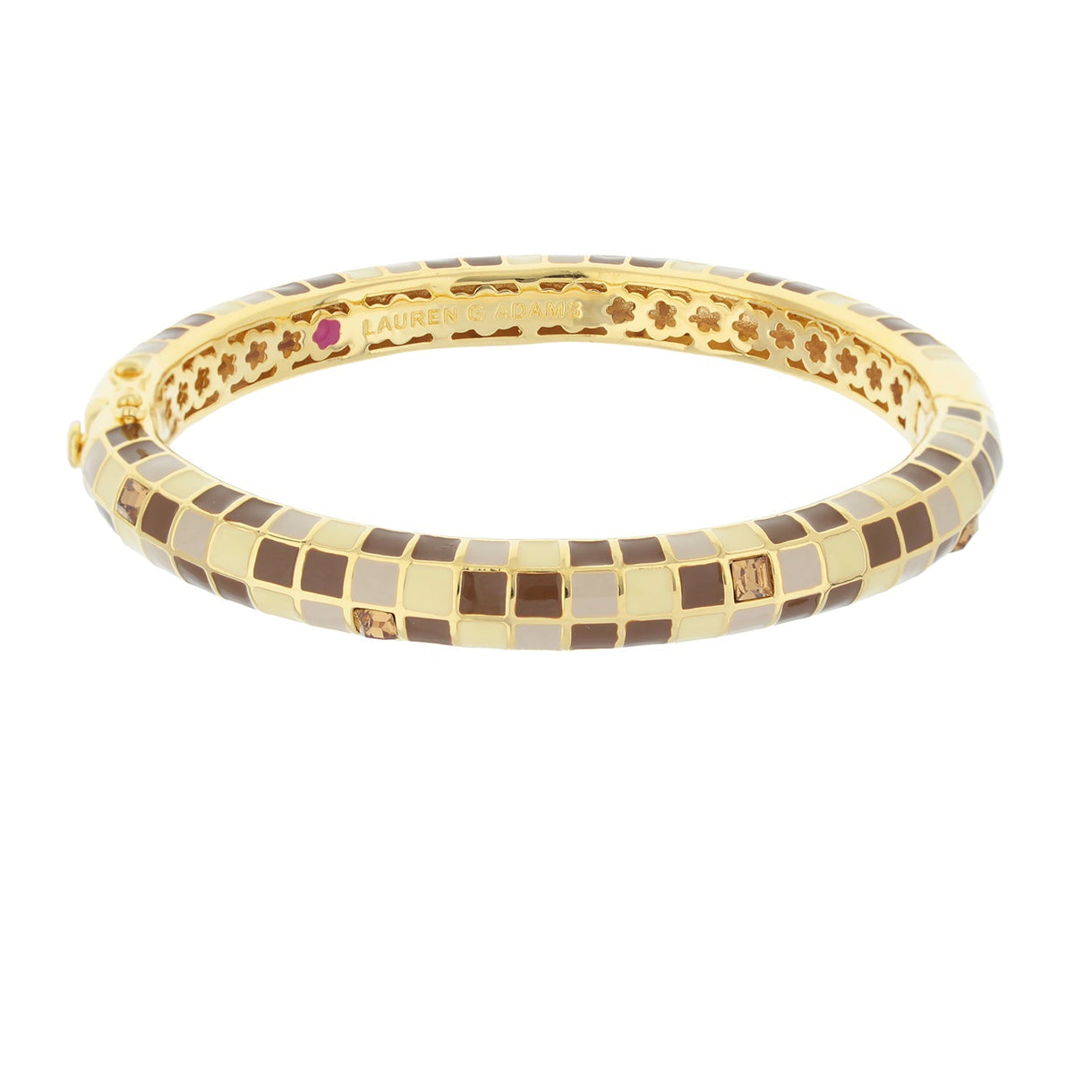 Sundial Bangle enamel bracelet by Lauren G Adams, goldtone with beige brown cream mosaic squares on Tampa Home & Garden Store