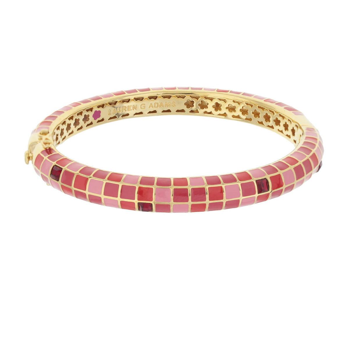 Sundial Bangle enamel bracelet in pink mosaic tiles on gold band by Lauren G Adams on Tampa Home & Garden Store