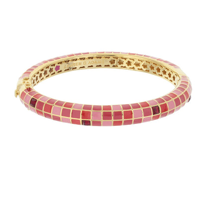 Sundial Bangle enamel bracelet in pink mosaic tiles on gold band by Lauren G Adams on Tampa Home & Garden Store