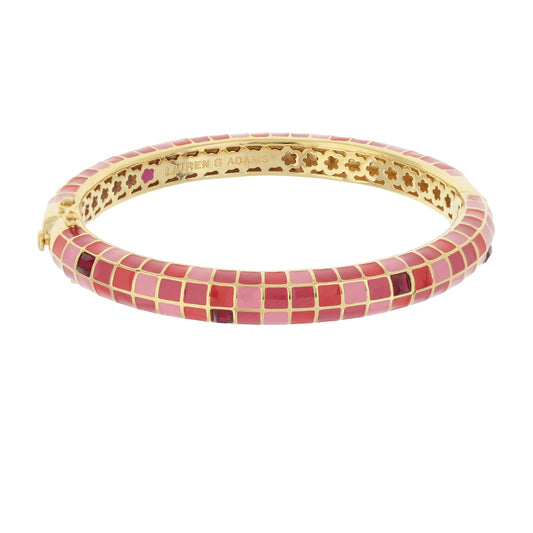Sundial Bangle enamel bracelet in pink mosaic tiles on gold band by Lauren G Adams on Tampa Home & Garden Store
