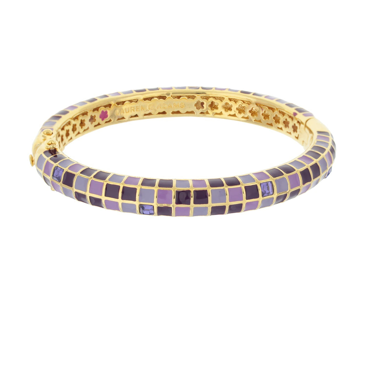 Sundial Bangle enamel bracelet with purple lavender tile mosaic on gold by Lauren G Adams on Tampa Home & Garden Store
