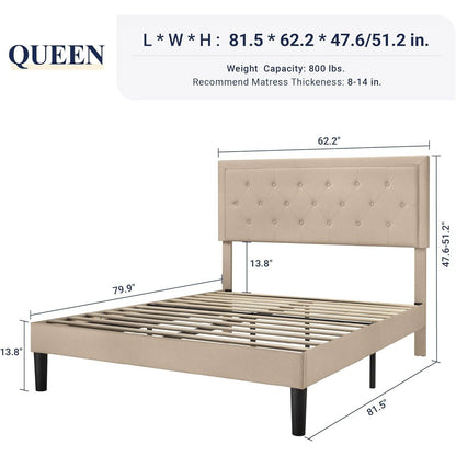 Base de cama tamaño Queen, con plataforma de lino beige y cabecero con botones capitoné