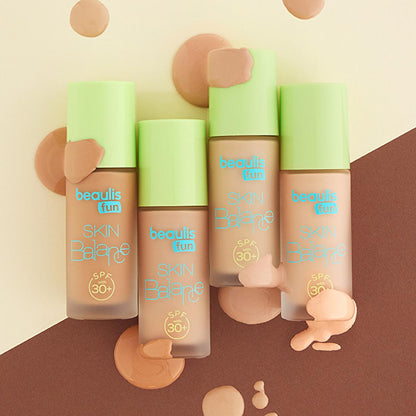 Beaulis Fun Skin Balance Foundation bottles with lime green caps, SPF 30+, 4-pack display on Tampa Home & Garden Store