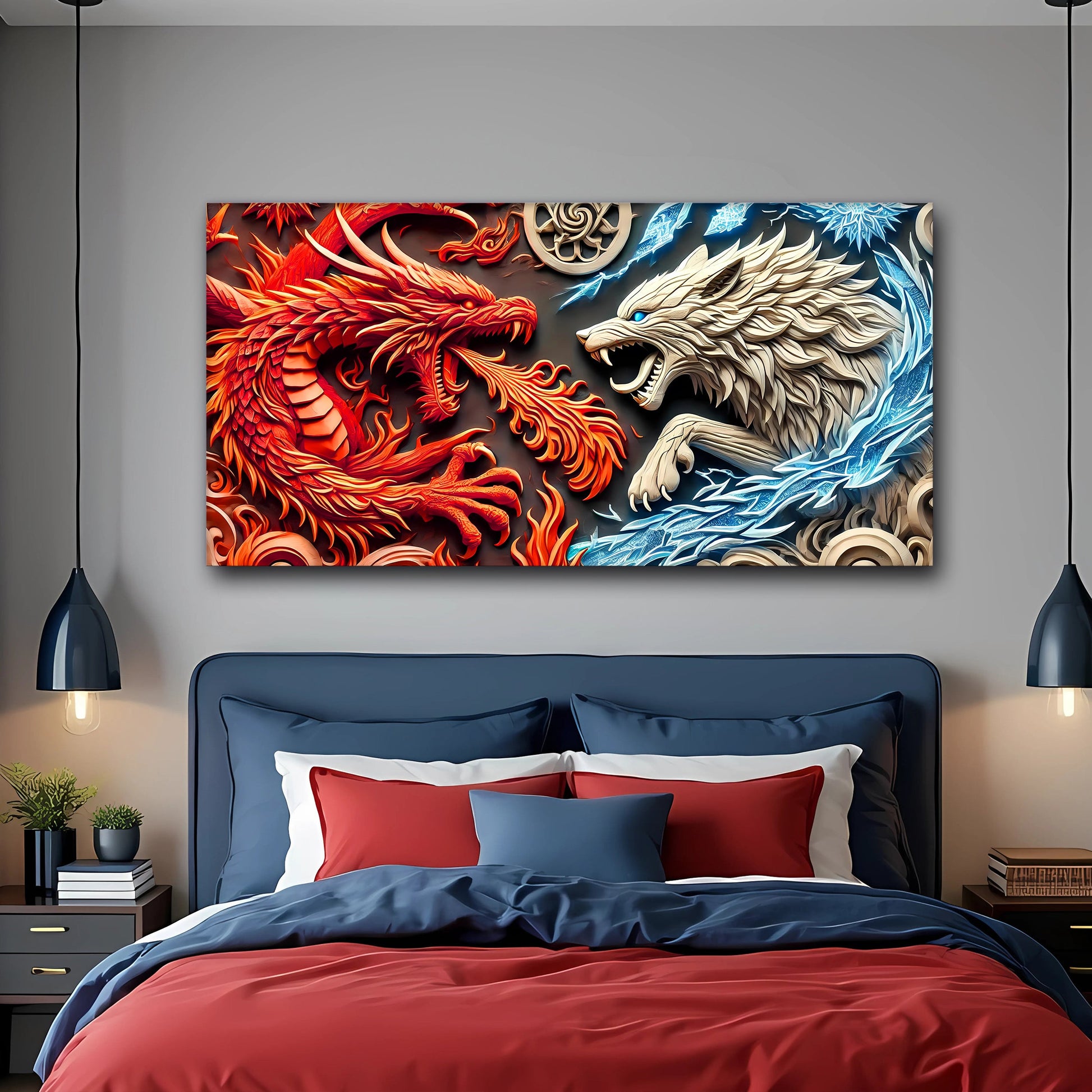 3D Dragon and Wolf Wall Art V canvas by Tailored Canvases, fiery red dragon vs pale wolf on Tampa Home & Garden Store