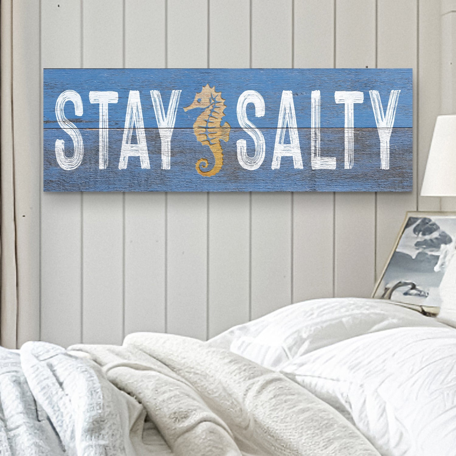 Stay Salty coastal sign VII canvas with blue weathered wood and white distressed lettering on Tampa Home & Garden Store
