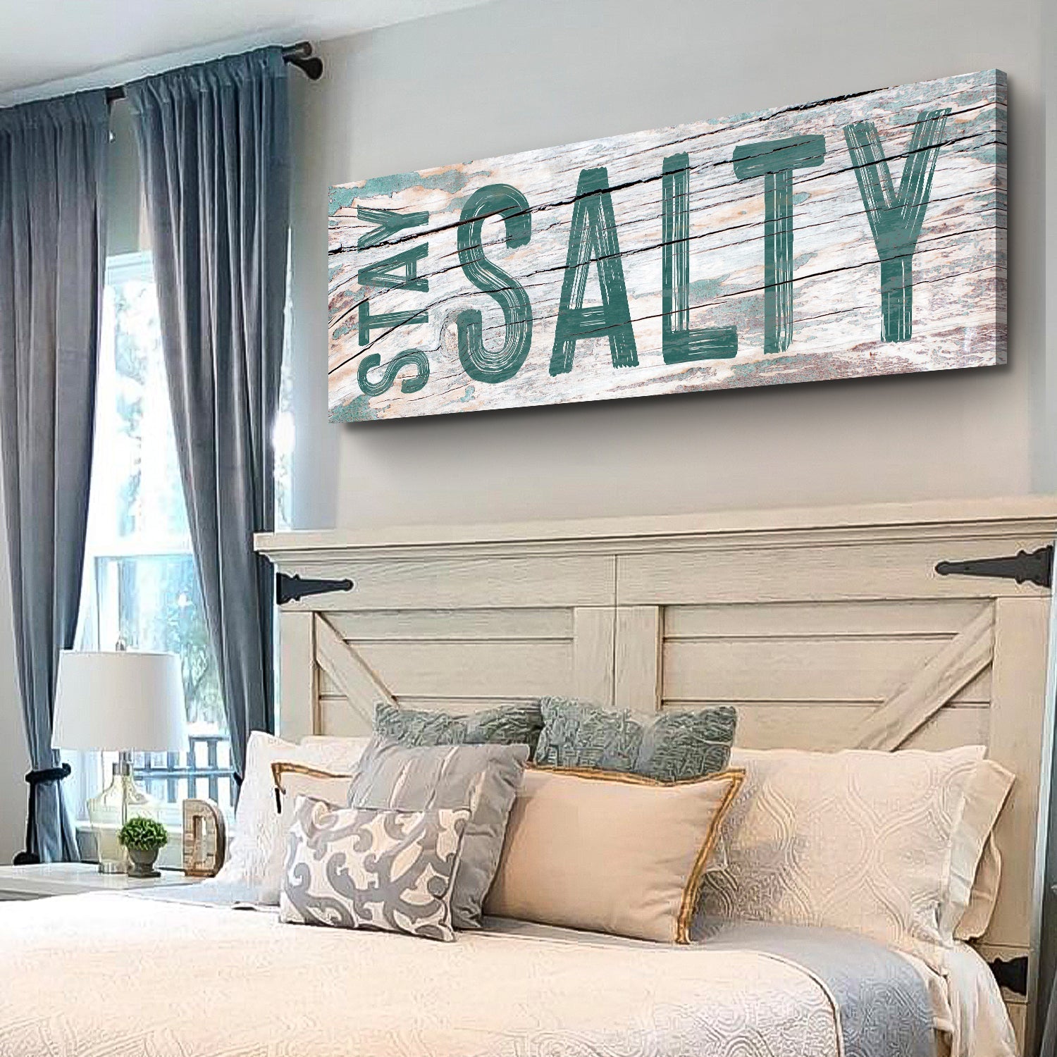 Stay Salty Sign VI canvas wall art teal distressed lettering on weathered wood Tailored Canvases on Tampa Home & Garden Store