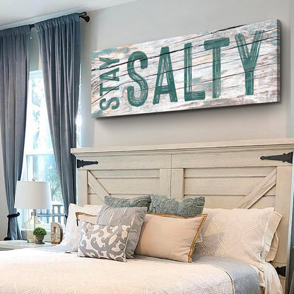 Stay Salty Sign VI canvas wall art teal distressed lettering on weathered wood Tailored Canvases on Tampa Home & Garden Store