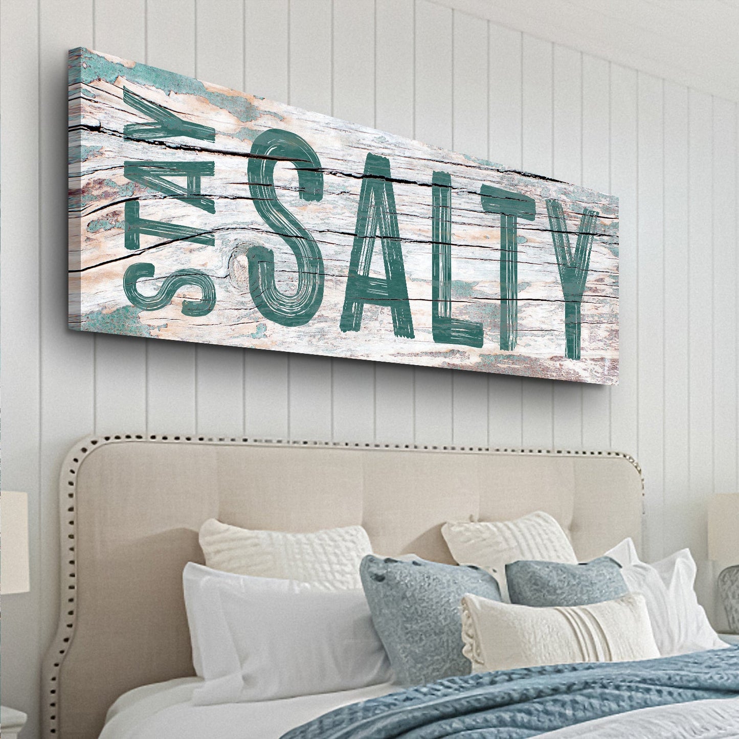 Stay Salty Coastal Sign VI canvas by Tailored Canvases with teal lettering on weathered wood on Tampa Home & Garden Store