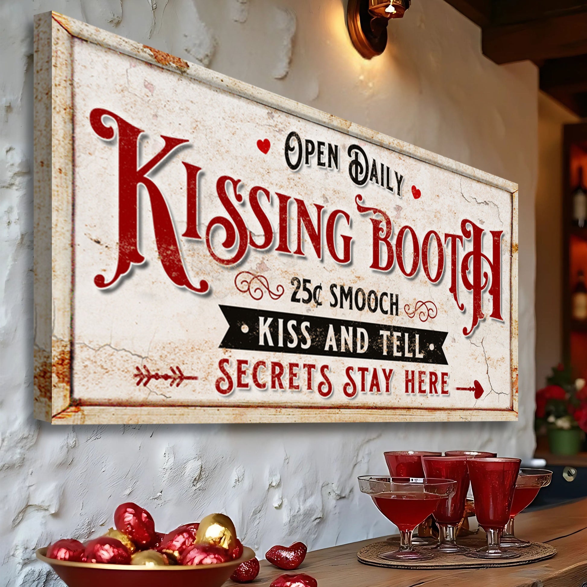 Vintage Rustic Kissing Booth Sign IV canvas by Tailored Canvases with distressed red lettering on Tampa Home & Garden Store